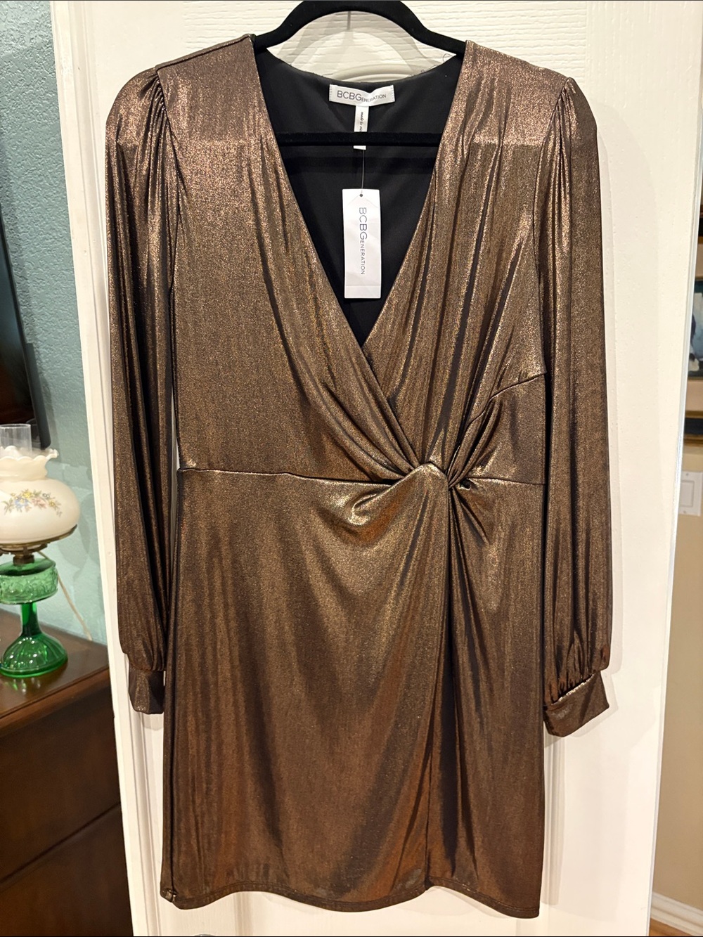 BCBGeneration Metallic Bronze Long-Sleeve Twist-Front Dress NWT M